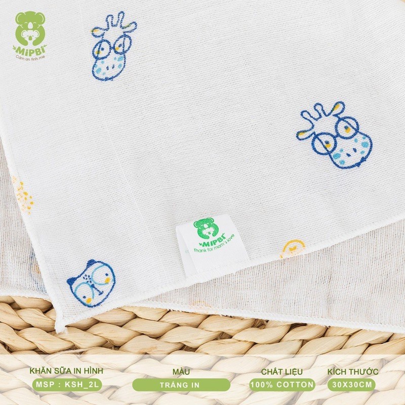 Sỉ. Set 5 Khăn sữa MIPBI 2 lớp cotton in hình 30x30cm 100% vải cotton không xù không bai Việt Nam
