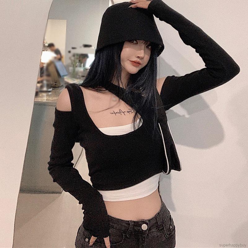 Women Fashion Design T-Shirts Fake Two-piece Sexy Long-sleeved T-shirt Tops