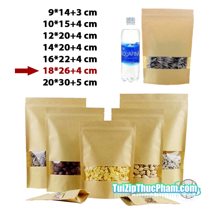 100 cái túi zip giấy kraft 18x26+4cm có cửa sổ phủ tràn viền, PET CPP chống nước chuyên đựng thực phẩm nhận in logo