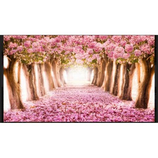 tranh còn đường hoa đào 3D dán tường in Vải Lụa