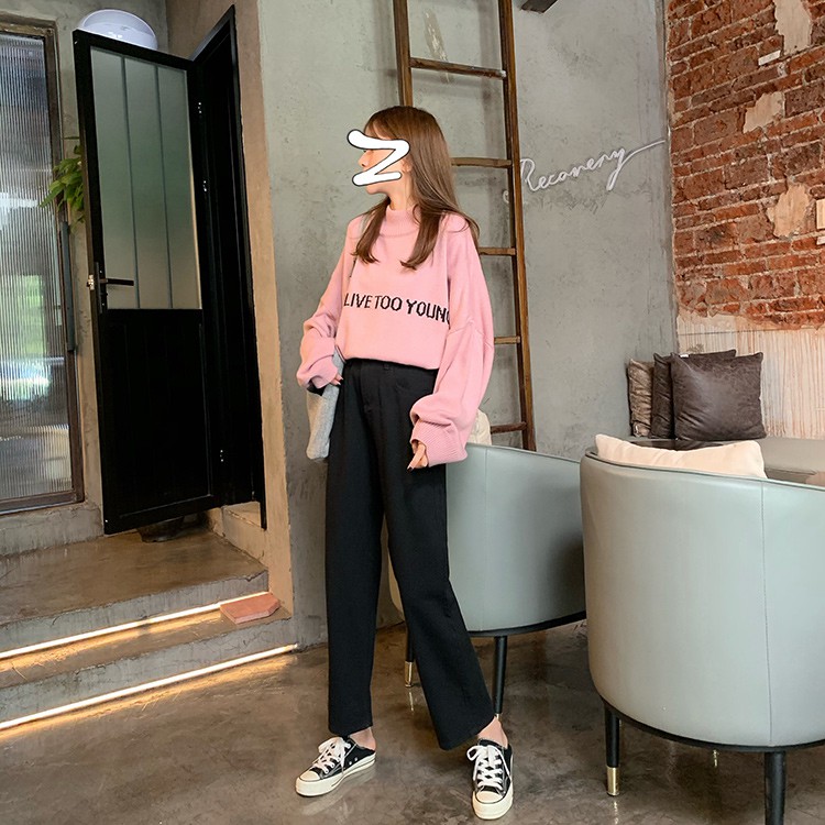 Quần Dài Lưng Cao Xiaozhainv Ống Rộng Co Giãn Tốt Phong Cách Hàn Quốc Dễ Phối Đồ