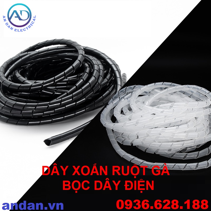 Dây xoắn ruột gà bọc dây điện phi 6, 8, 10, 12, 16, 20, 25, Dây Xoắn nhựa, Ruột Gà Đen - Trắng