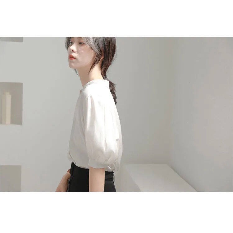 Áo sơ mi IELGY cổ chữ v màu trắng phong cách Pháp cổ điển dành cho nữ