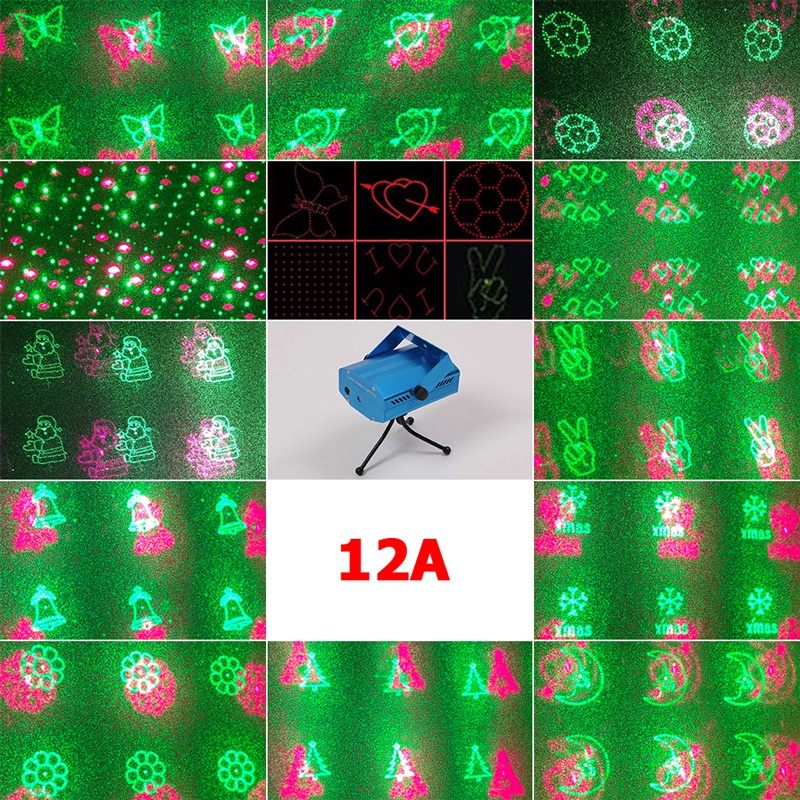 Đèn Laser 12 hình trong 1 Mini sân khấu, vũ trường, trang trí phòng Karaoke cảm biến theo nhạc.