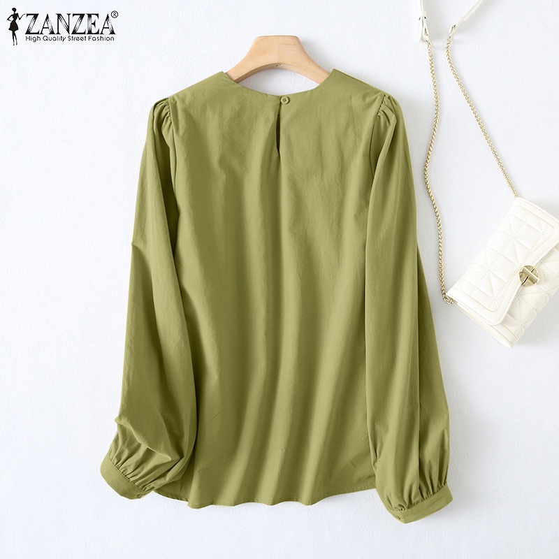 Zanzea Áo Kiểu Tay Phồng Dài Cổ Tròn Xếp Ly Cài Nút Sau Lưng Màu Trơn Thời Trang Cho Nữ