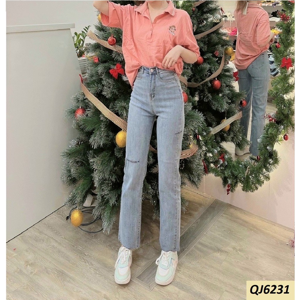 Quần jeans ống đứng rách gối lưng cao phủ rốn QJ6231D