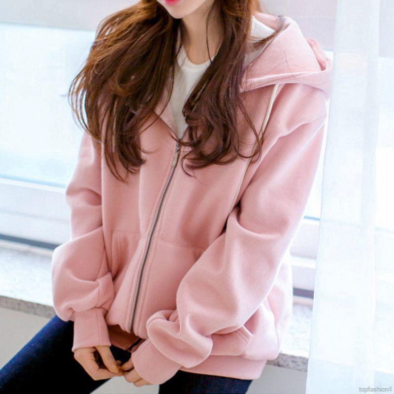 Áo khoác hoodie nhung dáng rộng màu trơn phối khoá kéo | BigBuy360 - bigbuy360.vn