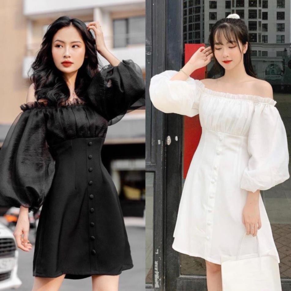 Đầm dự tiệc trễ vai nút bọc phối xốp | BigBuy360 - bigbuy360.vn