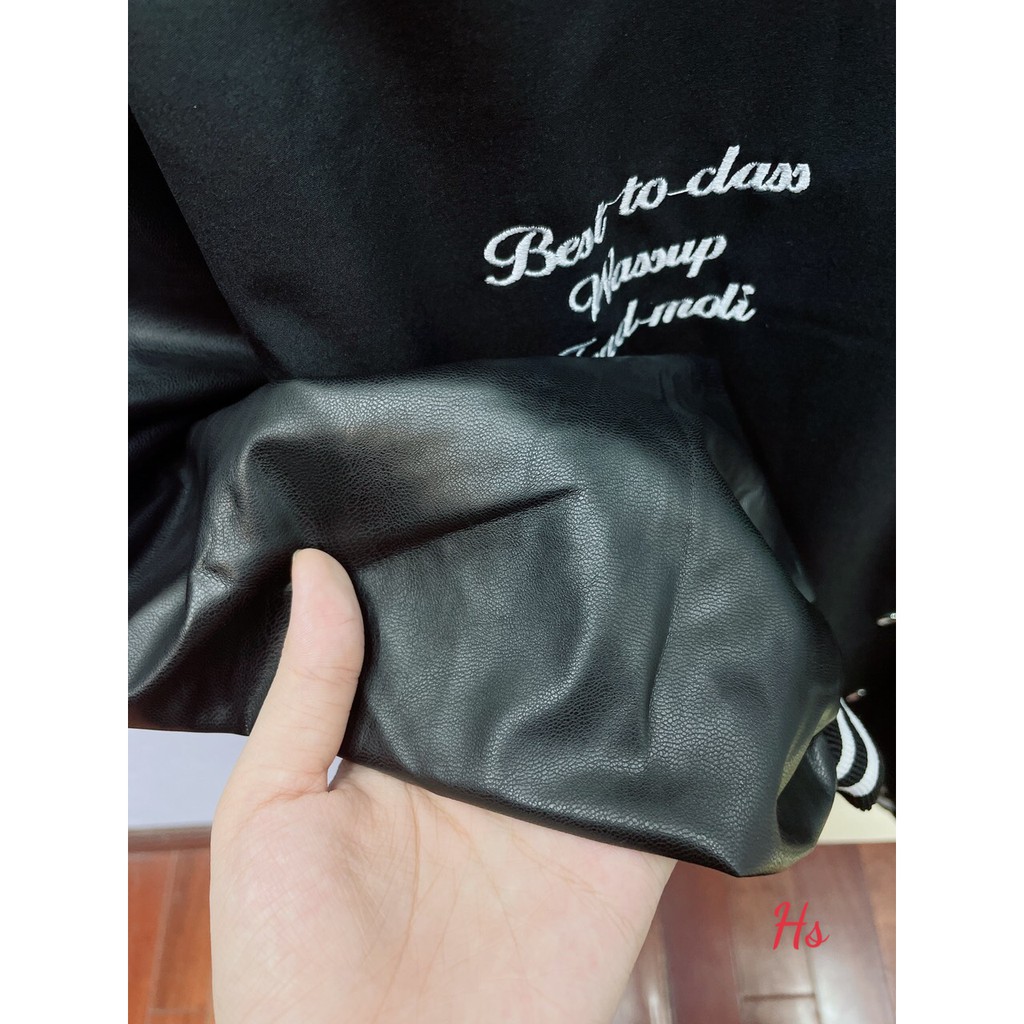 Áo Khoác Bomber Nam Nữ Varsity Jacket form rộng chất nỉ Phối Tay Da thêu chữ G màu xanh | BigBuy360 - bigbuy360.vn