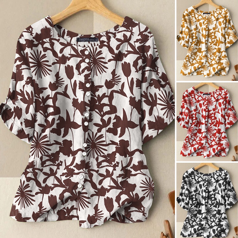Áo sơ mi ZANZEA tay lửng cổ tròn in họa tiết hoa phong cách retro dành cho nữ