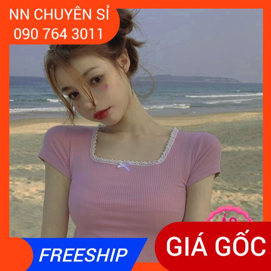 Áo thun gân nữ nhiều màu siêu xinh 🛑 Áo thun gân ôm boby cổ tròn tay ngắn phối nơ xinh xắn AK1316
