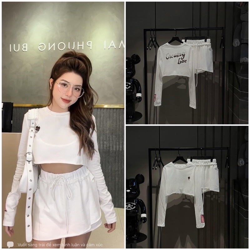 Set áo croptop quần thun rách giả váy mai phương bùi