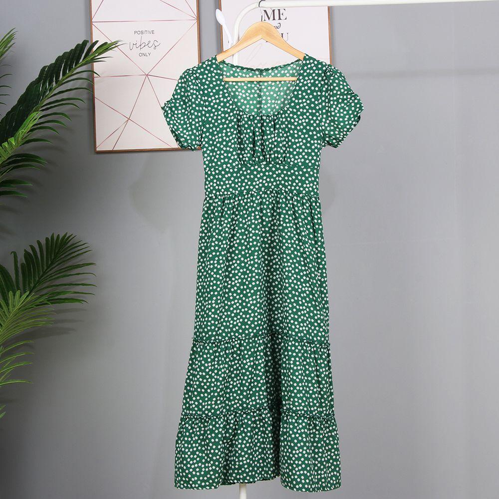 Đầm Midi Tay Ngắn Họa Tiết Chấm Bi Thời Trang Mùa Hè Cho Nữ