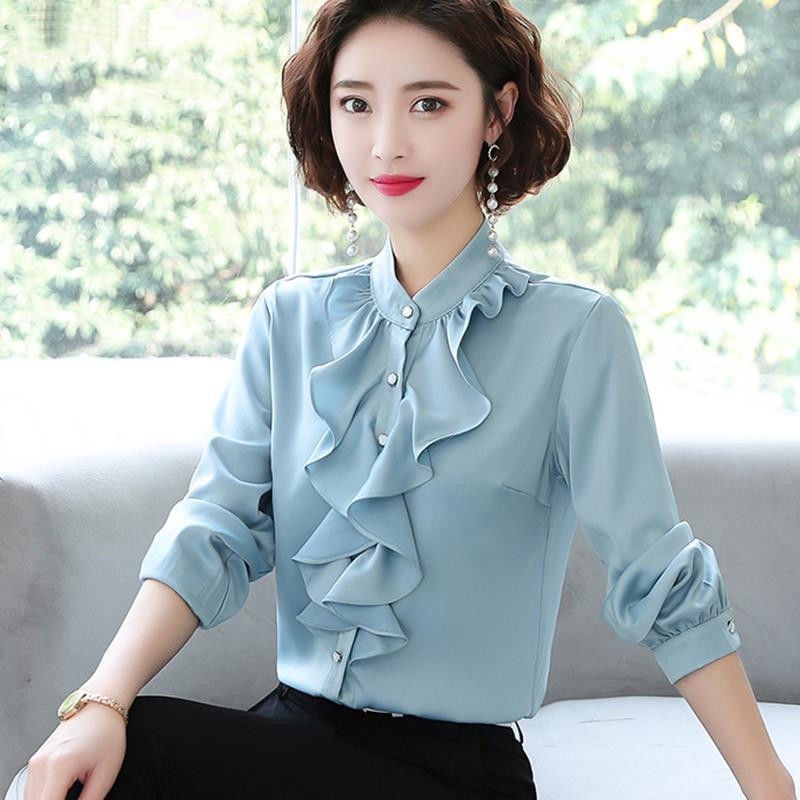 Áo sơ mi tay dài cổ đứng phối ren bèo thời trang cho phụ nữ trung niên