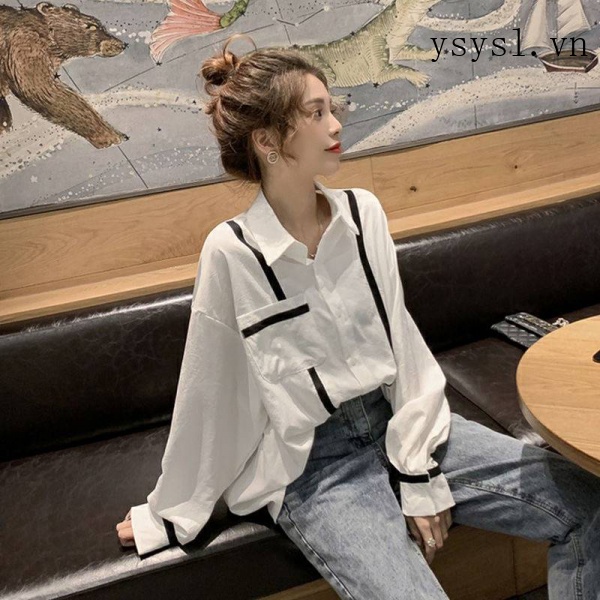 Áo Sơ Mi Cổ Polo Tay Dài Dáng Rộng Màu Sắc Tương Phản Thời Trang Mùa Thu Dành Cho Nữ 2021