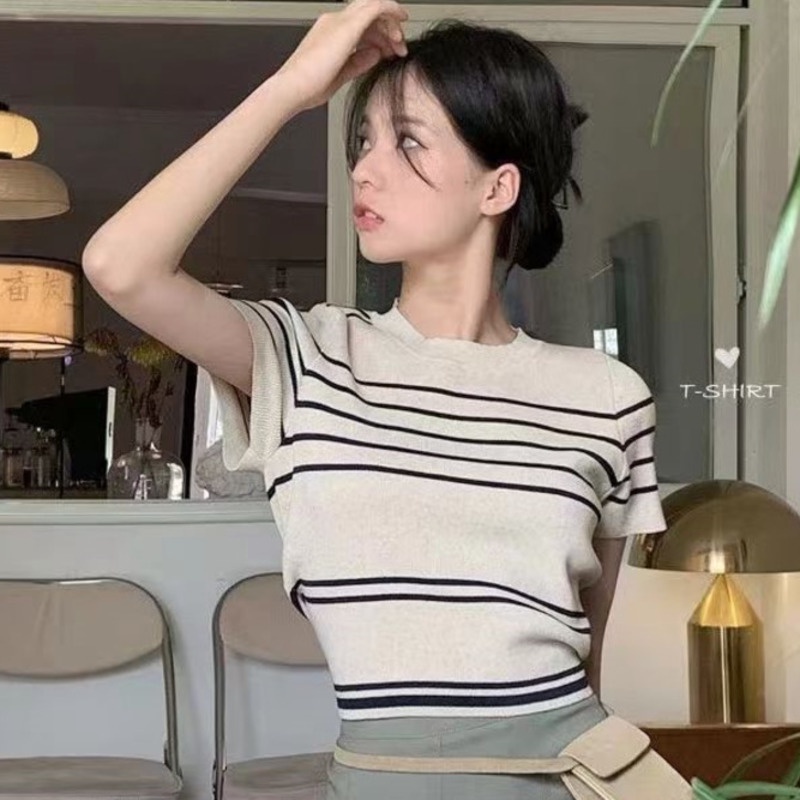 Áo Dệt Kim Tay Ngắn Kẻ Sọc Thời Trang 175245 Áo Thun Cổ Tròn Dáng Ôm Thời Trang Mùa Hè