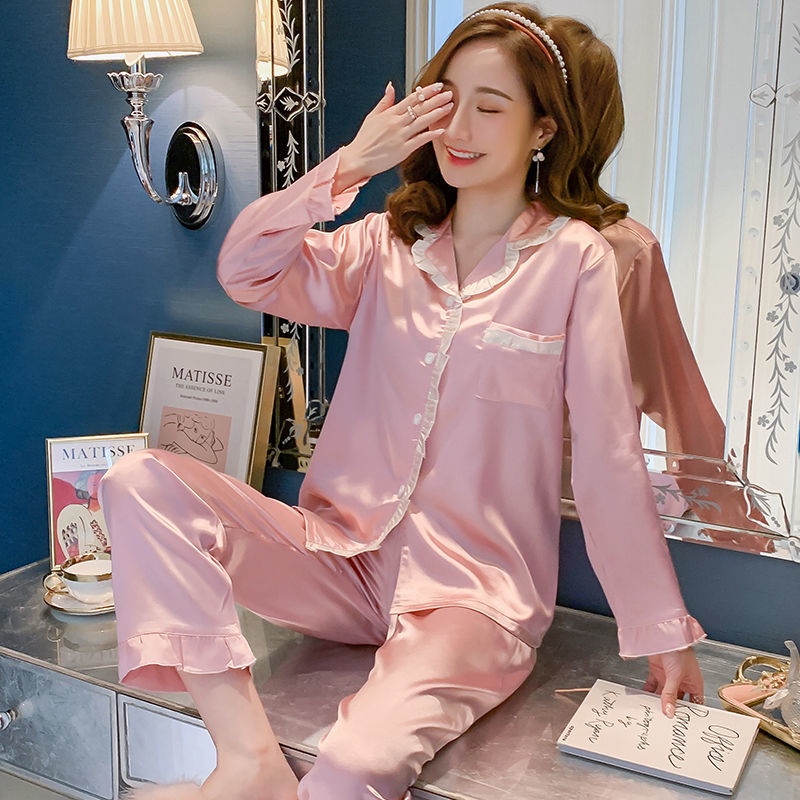 Bộ đồ ngủ tay dài chất lụa thời trang xuân thu xinh xắn cho nữ