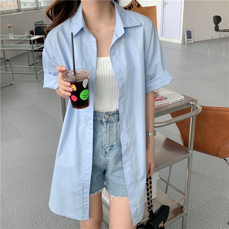 Lengthy Shirt AS4 - Sơ mi tay lửng, dáng dài, Oversize, form giấu quần dạng váy style Hàn Quốc