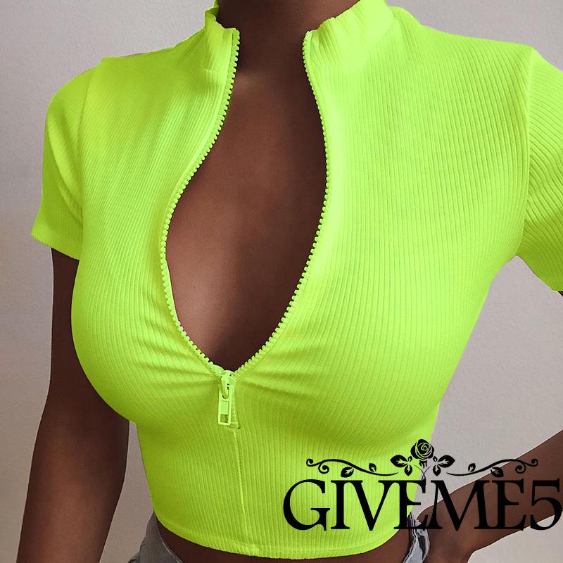 GIVEME-Women Zipper T-shirt Female Bustier Corset Tops High Neck Croped Tops
