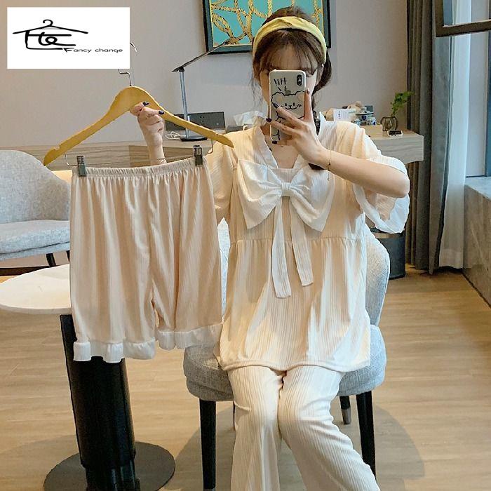 Bộ Đồ Ngủ Pijama Ba Món Dáng Rộng Phong Cách Công Chúa Hàn Quốc Thời Trang Xuân Hè Ngọt Ngào Cho Nữ