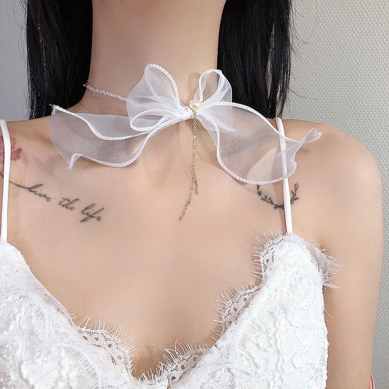 ( Có trắng) choker lolita hạt phối nơ bèo dây xích rủ mã GU-1