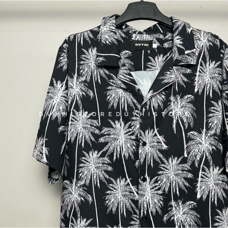 Áo sơ mi cộc tay DỪA ĐEN họa tiết unisex form rộng | DUYHI | Ảnh thật