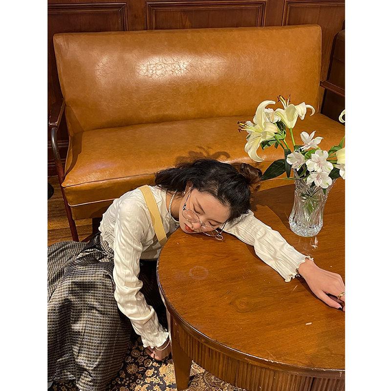 ✤♂✧Áo dài tay cổ tròn màu trơn thiết kế xếp ly phong cách Retro Pháp