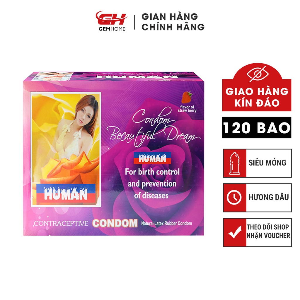 Bao cao su Human Hương dâu mỏng trơn hộp 120 bao GEMHOME