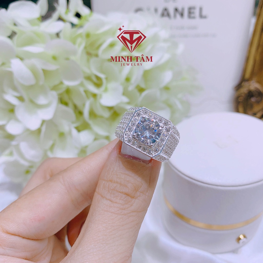 Nhẫn bạc nam full nửa hàng đá ổ 6 ly chất liệu bạc ta Minh Tâm Jewelry