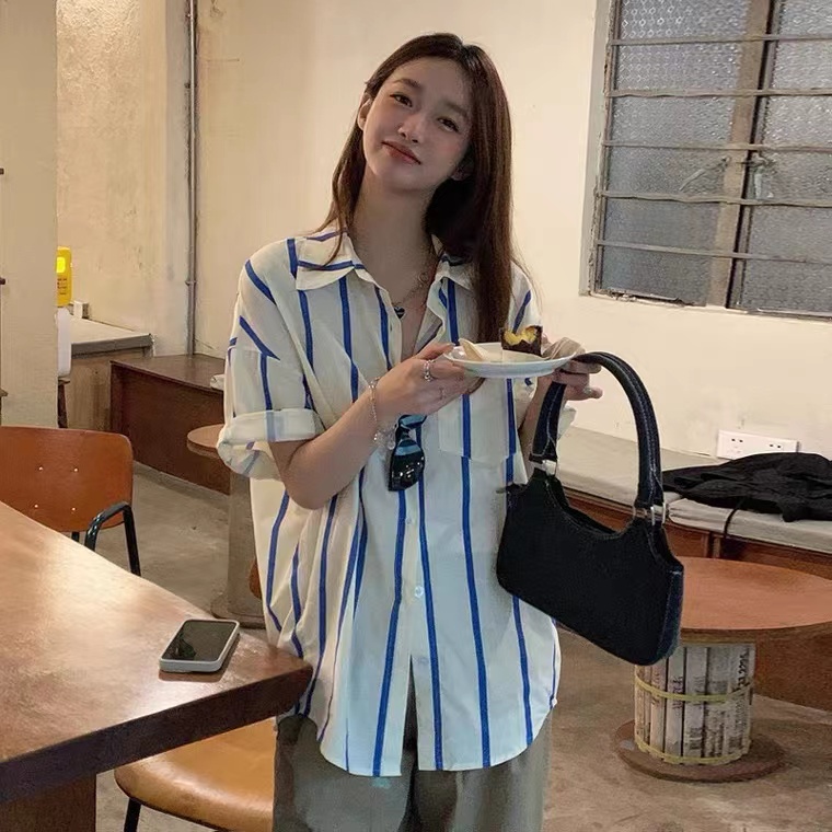 Áo Sơ Mi Ngắn Tay Họa Tiết Kẻ Sọc Màu Sắc Tương Phản Thời Trang Mùa Hè