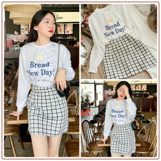 Set áo dài tay mix chân váy ngắn💖GIẢM 10K CHO ĐƠN 99K💖 Set áo in chữ mix chân váy kẻ caro
