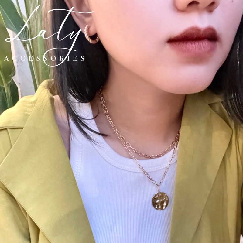 Vòng cổ, Dây chuyền Mặt xu tròn 2 tầng phối xích Cá tính Laty, Trang sức bạc S925 Phong cách Hàn Quốc