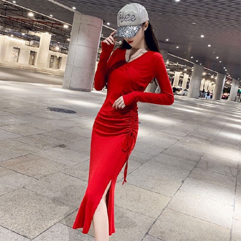 Đầm ôm YEYA tay dài cổ chữ V phối dây rút thời trang