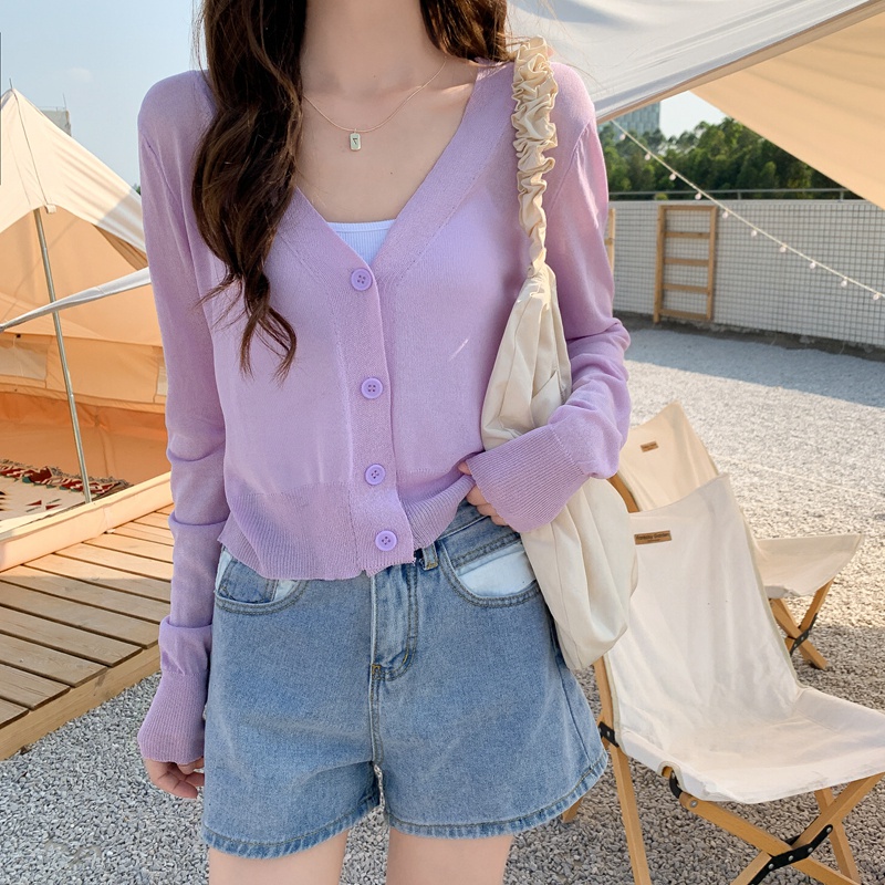 Áo Croptop Tay Dài Cổ Chữ V Màu Sắc Ngọt Ngào | BigBuy360 - bigbuy360.vn