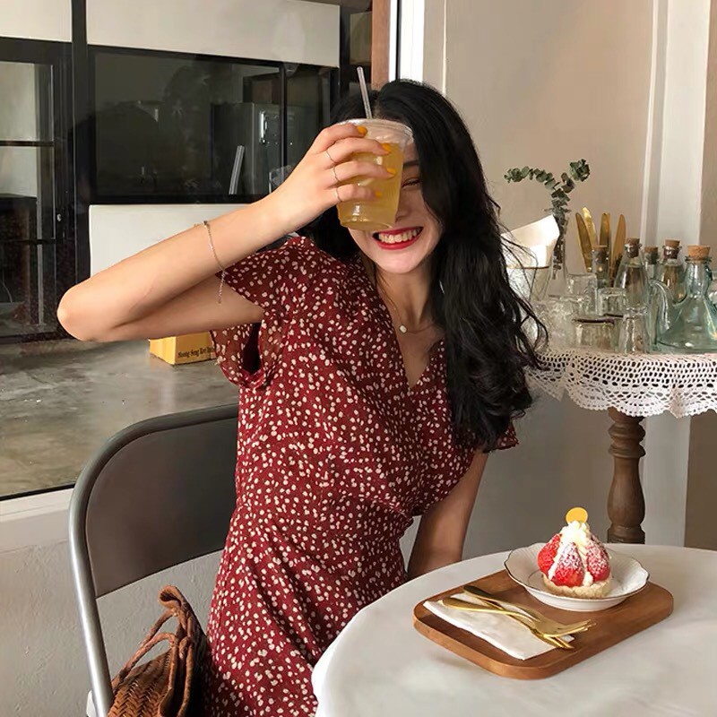 Váy vintage dáng ngắn cổ tim chất voan mát mịn, Đầm hoa nhí vintage ngắn tay ulzzang Hàn Quốc - Roxie | BigBuy360 - bigbuy360.vn