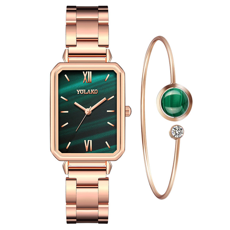 Đồng hồ nữ bằng thép không gỉ mặt hình chữ nhật+vòng tay màu xanh lá thời trang thường ngày