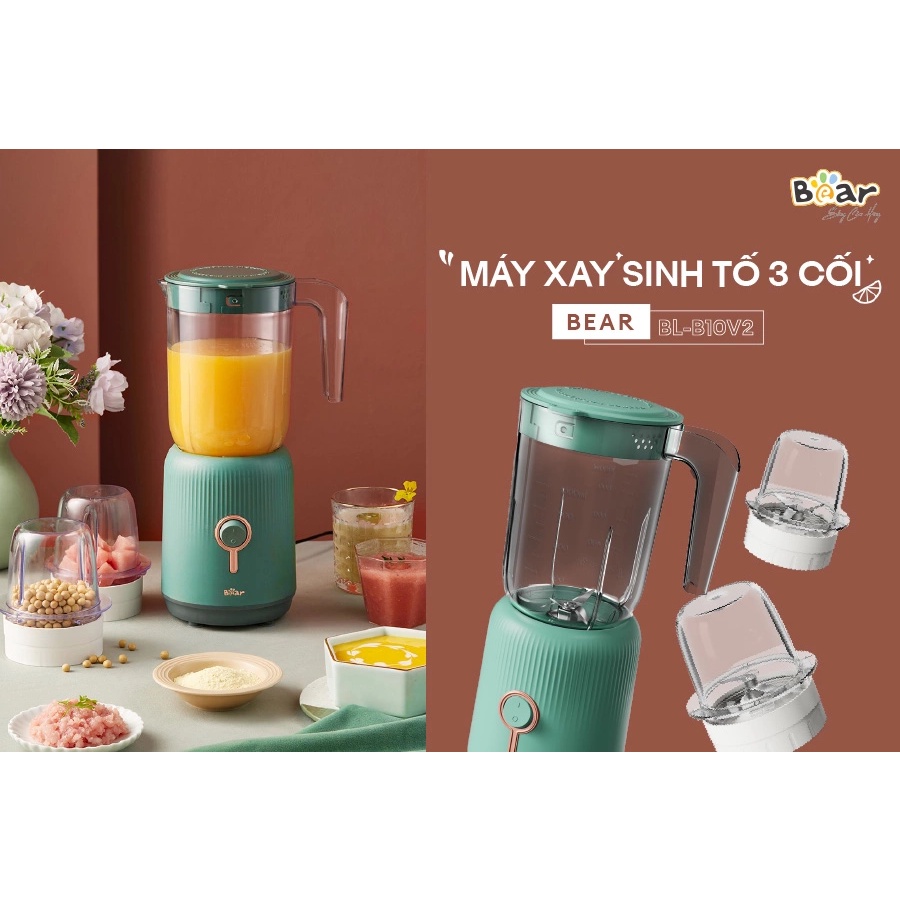 Máy xay sinh tố Bear 3in1 BL-B10V2 chính hãng, 3 cối riêng biệt xay thịt/rau củ quả/hạt khô, bh 24 tháng