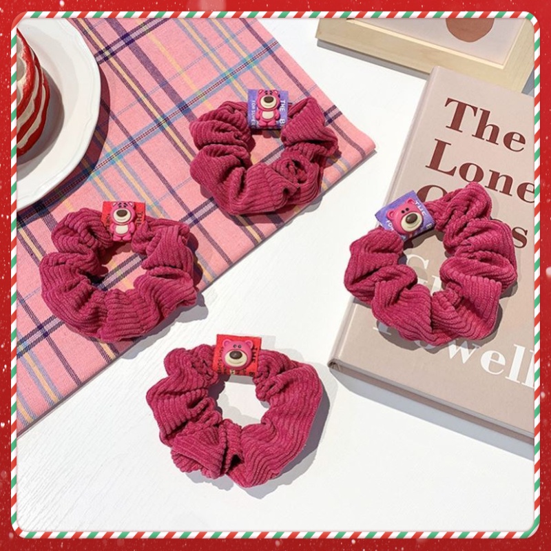 Scrunchies Cột Tóc LIN Màu Dâu Tây Hình Gấu Dễ Thương