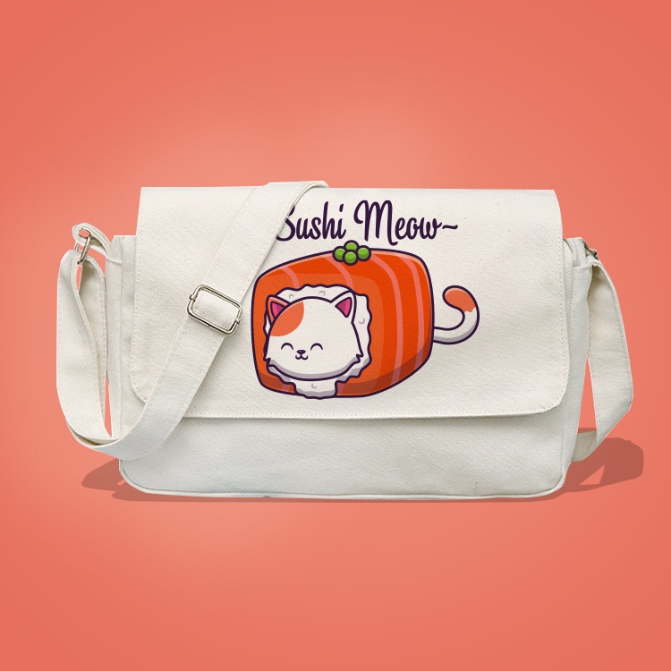 Túi Tote Đeo Chéo Vải Canvas Mèo Maneki Sushi Phong Cách Thời Trang Ulzzang đi học, đi chơi, đựng tài liệu sách vở A4