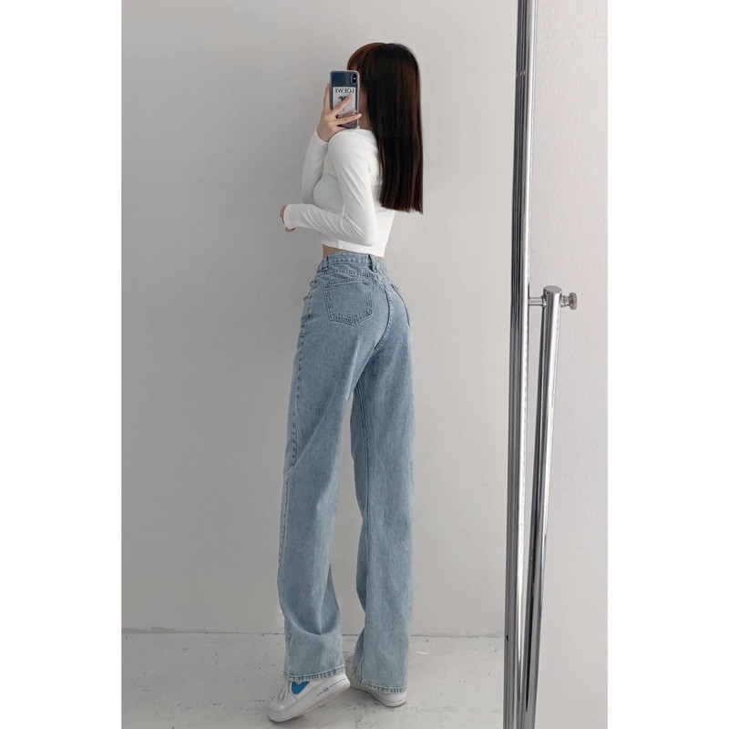 Quần jeans ống suông rộng cạp lệch