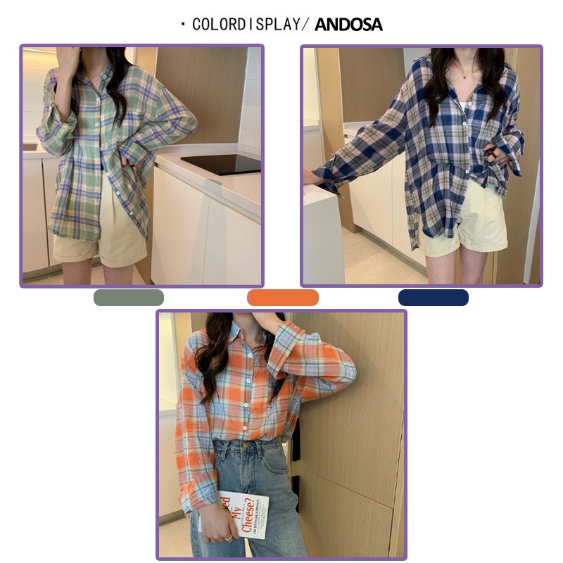 Áo sơ mi nữ kẻ sọc caro đẹp form rộng tay dài hàng Quảng Châu ANDOSA SM06