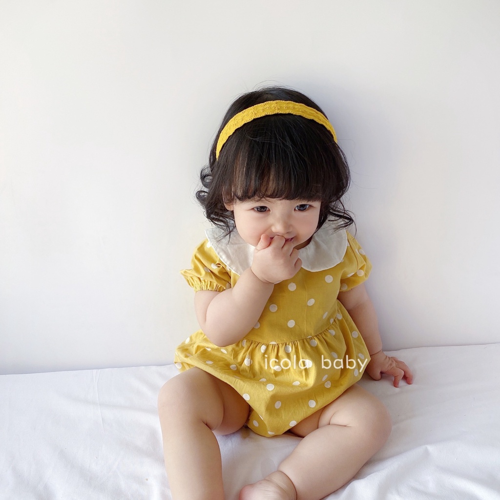 Set Áo Liền Quần + Băng Đô Quấn Đầu Chấm Bi Xinh Xắn Cho Bé Gái