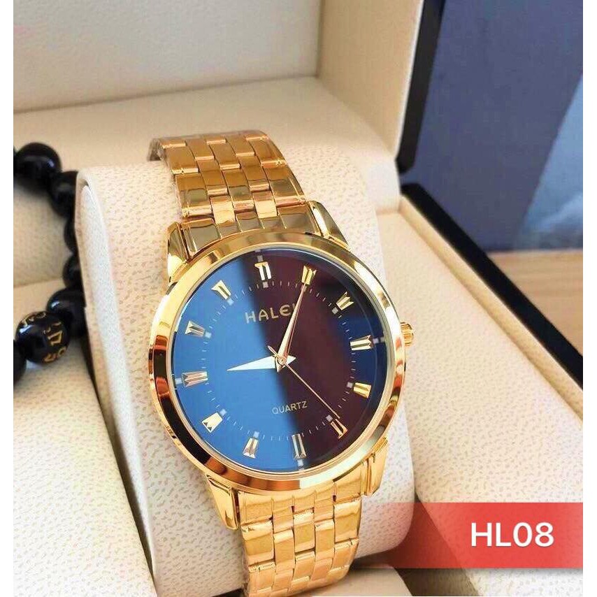 Đồng hồ nam đẹp Halei dây vàng chống nước chống xước,tặng kèm vòng tì hưu