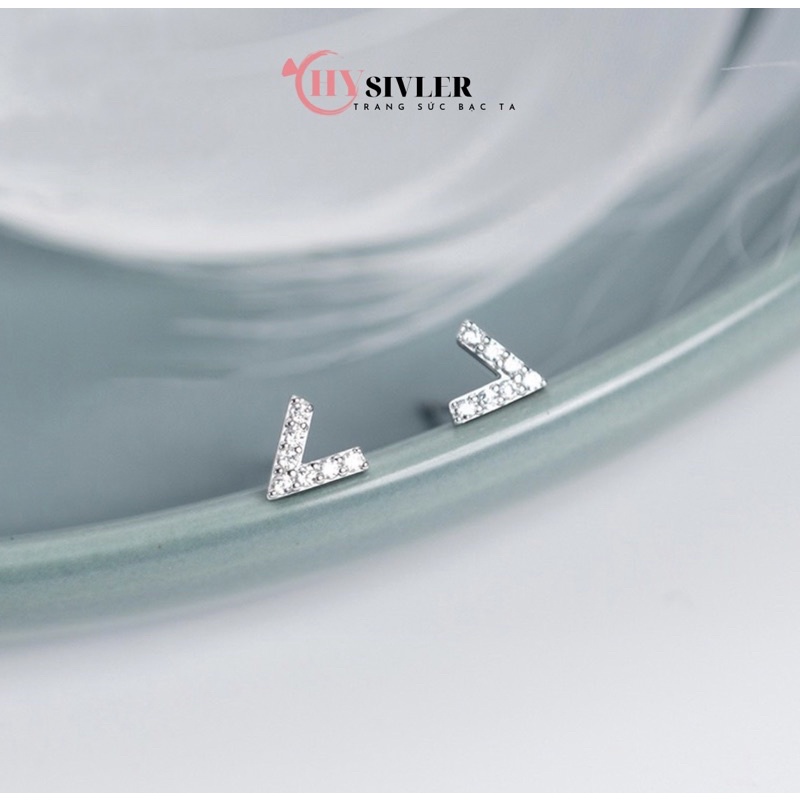 Bông tai bạc ta chữ V đính đá nhỏ xinh nữ tính bông tai nữ bạc thật giá rẻ