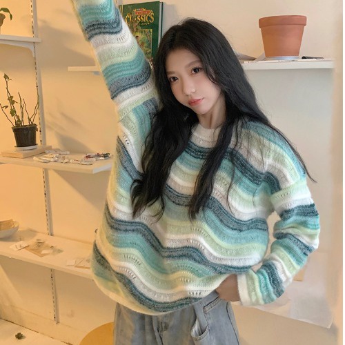 Áo len ZHELIHANGFEI tay dài dáng rộng họa tiết kẻ sọc màu cầu vồng dễ phối đồ