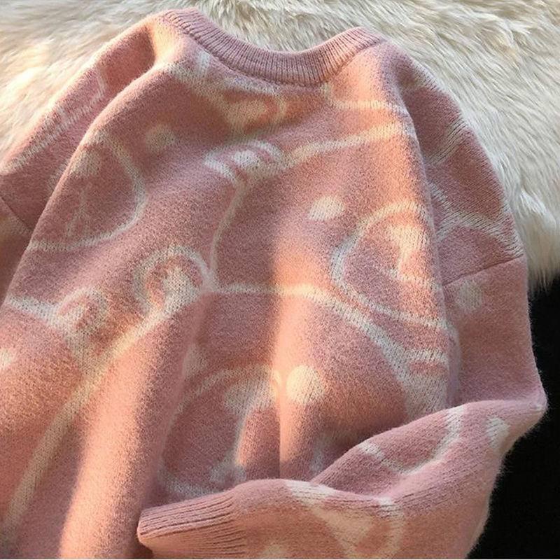 Áo Sweater Dệt Kim Cổ Rộng In Họa Tiết Kiểu Nhật Bản Thời Trang Thu Đông Cho Nữ