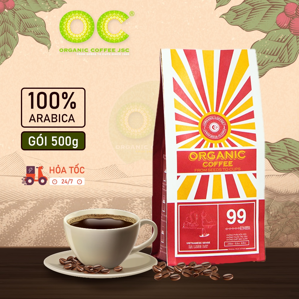 Cà phê Arabica hữu cơ rang xay nguyên chất 100% Hạ Long 99, Cafe rang mộc pha phin/máy gói 250g/500g Organic Coffee JSC