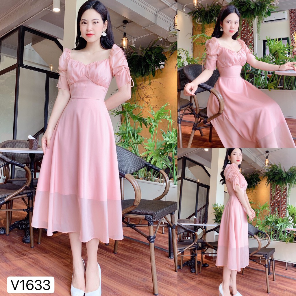 Váy hồng xòe rút dây vai V1633 - Đẹp Shop DVC (Kèm ảnh thật trải sàn do shop tự chụp)