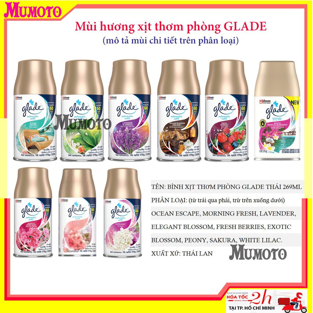 Máy xịt thơm phòng tự động Glade khử mùi phòng tắm, phòng vệ sinh, tinh dầu hương dịu nhẹ, chính hãng nội địa Thái.