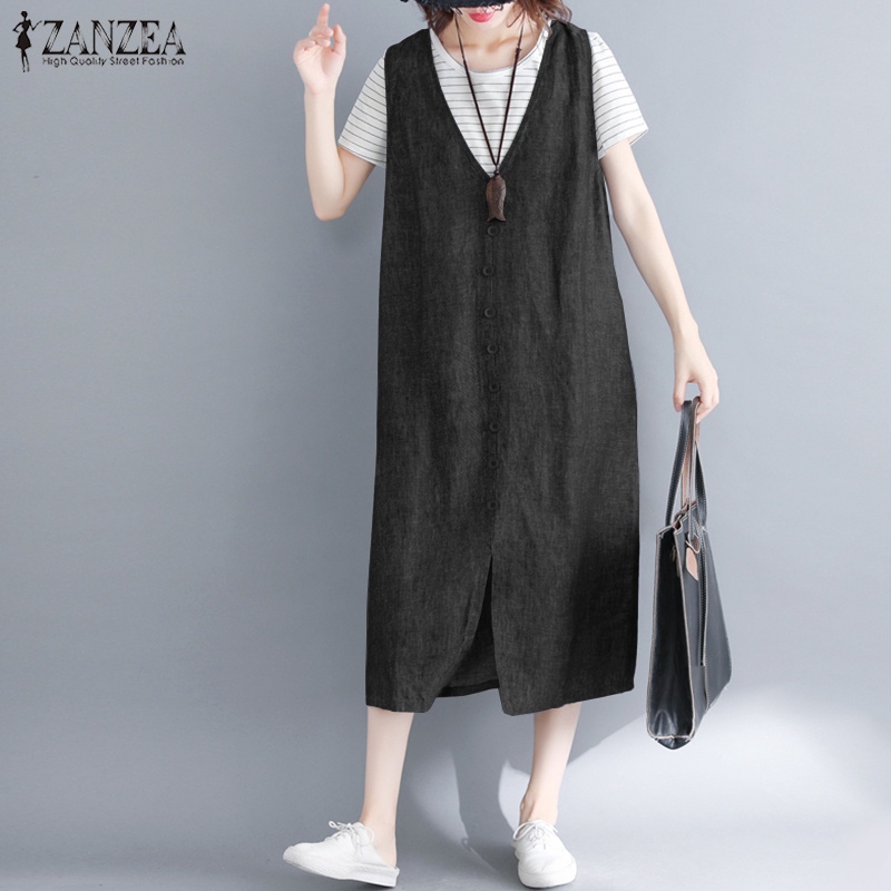 ZANZEA Đầm maxi form rộng sát nách xẻ tà thời trang dành cho nữ | BigBuy360 - bigbuy360.vn